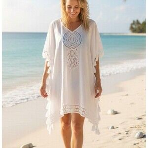 Lilly Pulitzer Size L/XL Cover Up Eyelet Embroidered Resort White Kaftan Boho